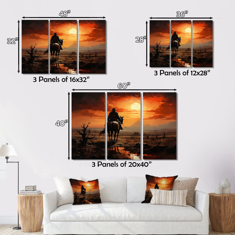 Cowboy Sunrise On The On, impression sur toile 3 pièces, H 32 po x l 48 po x P 1 po