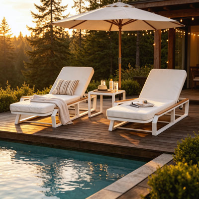5-Piece Outdoor Chaise Lounge Set, White Iron Frame with Acacia Teak Wood Accents, 2 Adjustable Patio Recliners with Cream Cushions and Side Table, 500 Pound Weight Capacity for Poolside Backyard Patio