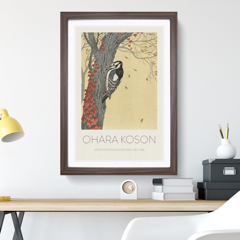 Great Spotted Woodpecker by Ohara Koson - Single Picture Frame Print, Walnut Framed, 48cm H x 36cm W x 2cm D