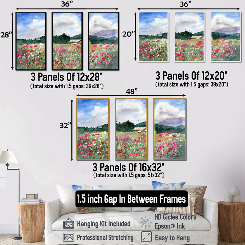 Paysage avec un champ de fleurs blanches et roses - 3 pièces, peinture sur toile, H 28 po x l 36 po, Noir