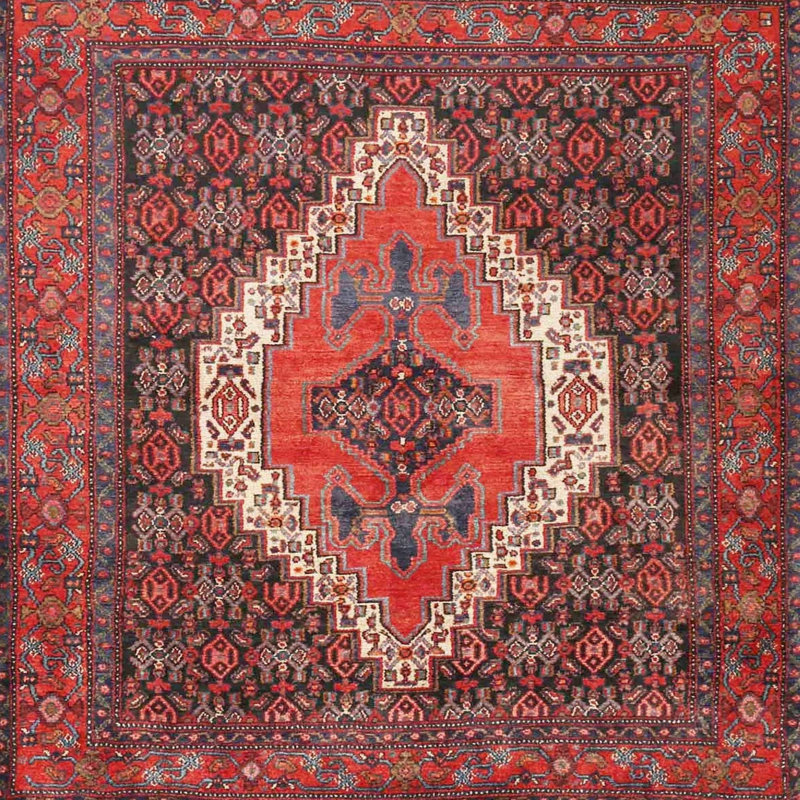 Tapis traditionnel rouge / noir / crème, Carré 5 pi
