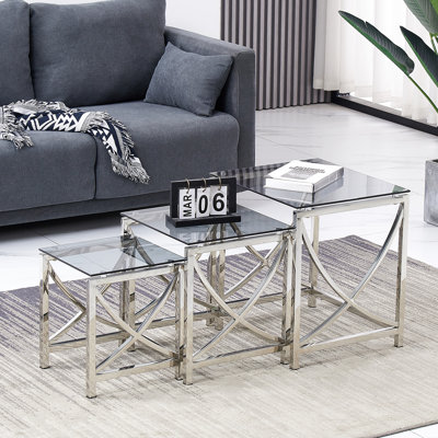 Darrie Stainless Steel Nesting Tables With Tempered Glass Top Set of 3 For Living Room (Curve)