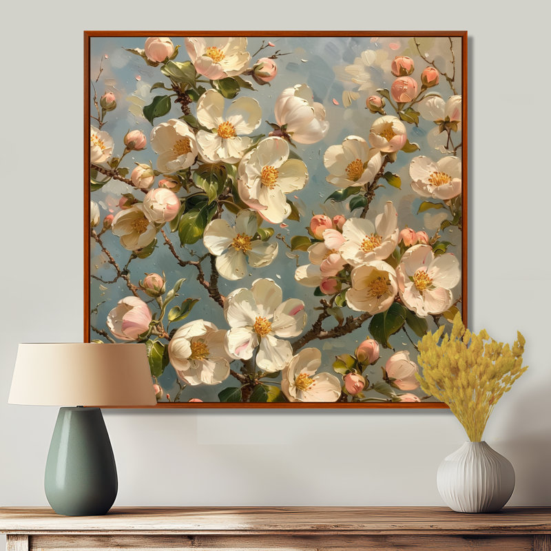  «Pink Apple Blossom Vintage Bloom - Art mural fleur de pommier, H 16 po x l 16 po, Cadre flottant brun