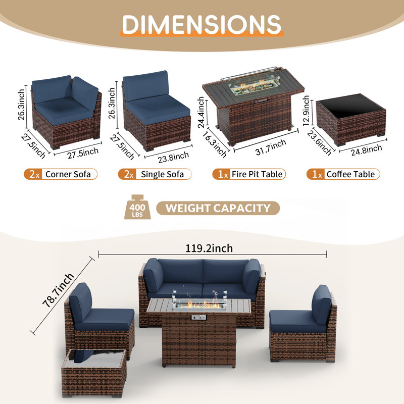 Bhairavi Wicker - Person Modular Patio Conversation Set with Cushions, 4, Navy