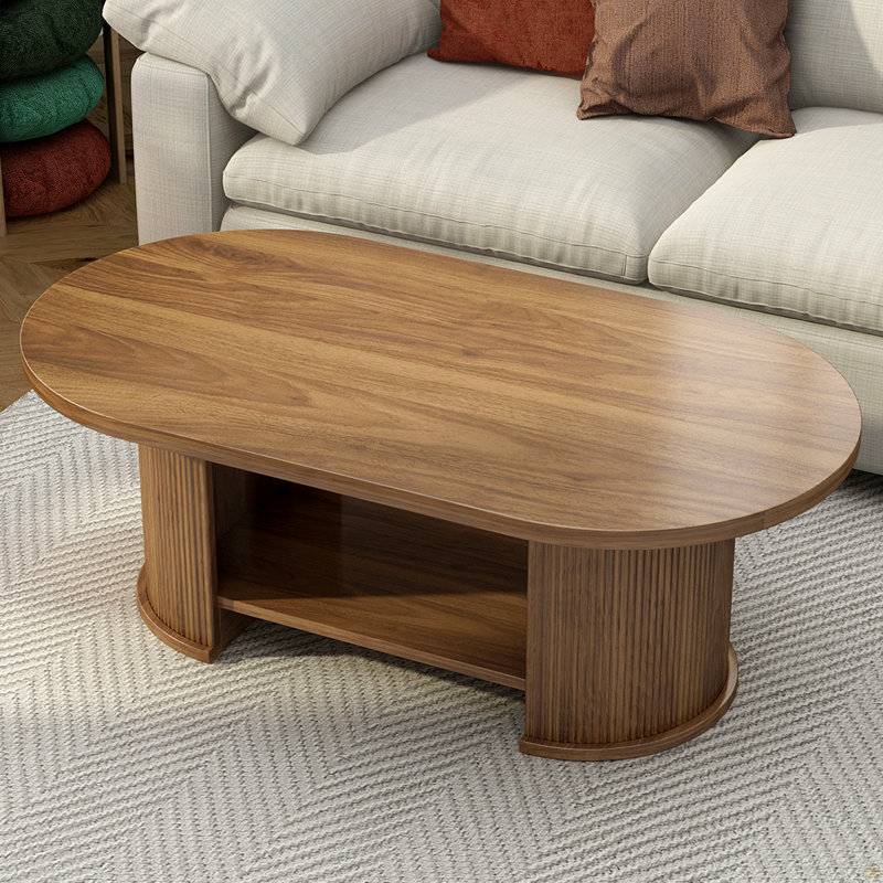 Table basse ovale cannelée, table basse en bois de ferme de 47 po, table basse à 2 niveaux avec tablette de rangement, table d'appoint avec base double
