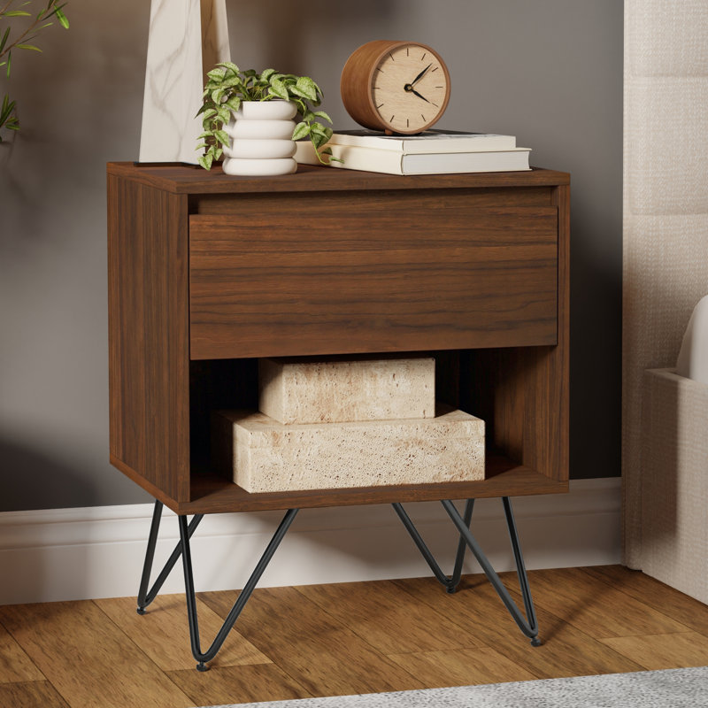 Table de chevet industrielle en bois massif l 20 po avec 1 tiroir, rangement ouvert et pieds en épingle à cheveux Hunter