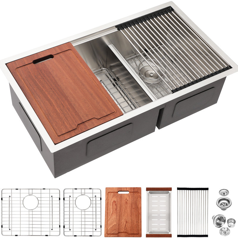 Évier de cuisine encastré 30 po x 19 po à double cuve 60/40 en acier inoxydable T304 de calibre 16 avec deux cuves profondes de 10 po, tablier avant en forme de X, guide d'eau en forme de X, coin arrondi R10, revêtement, patin en caoutchouc de 3 m