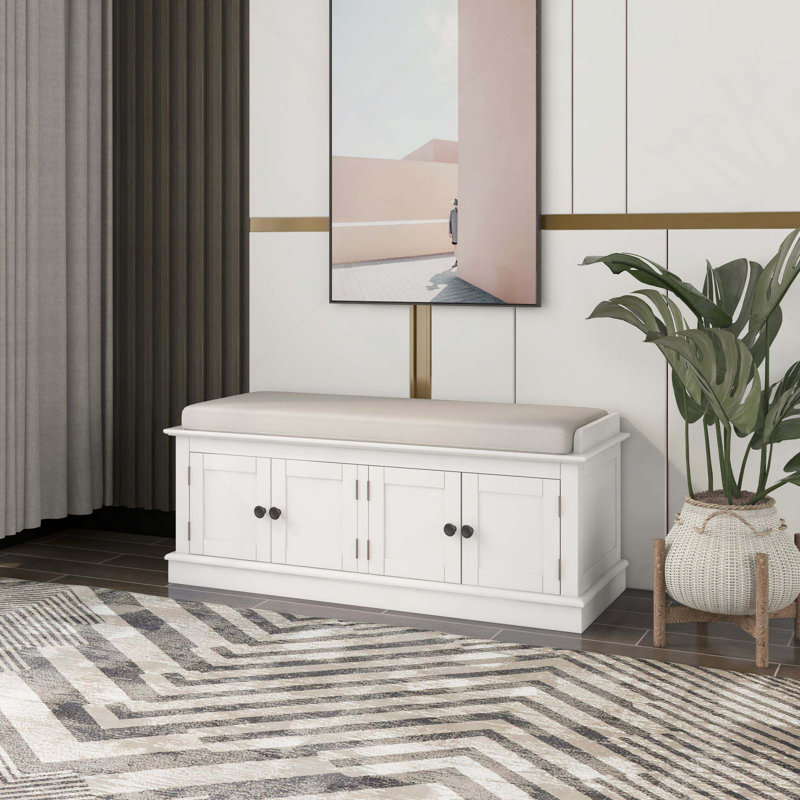 Banc de rangement pour chaussures avec 4 portes, tablettes réglables et coussin amovible pour le salon, le vestibule, Blanc