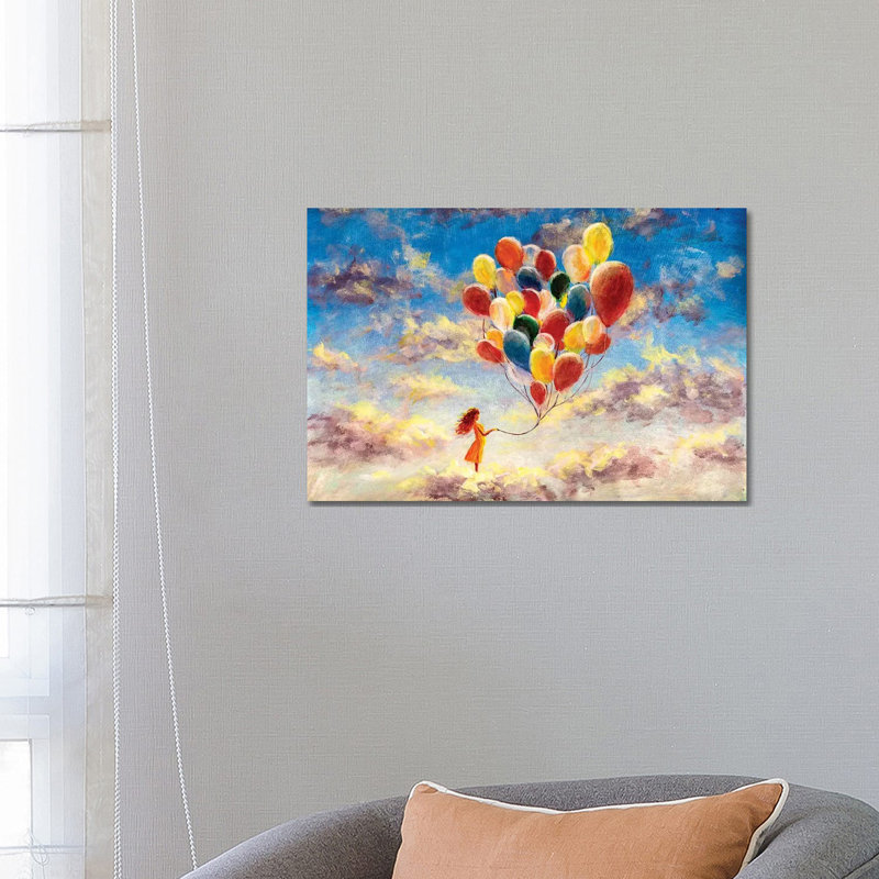 Woman With Colourful Balloons Among The Clouds by Valery Rybakow - No Frame Print on Canvas