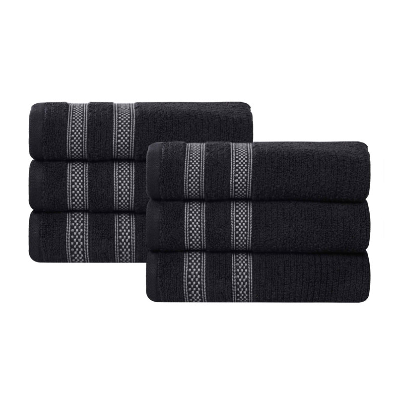 Tylique Zero Twist Cotton Ribbed Modern Geometric Border Soft Highly-Absorbent Hand Towel, Black