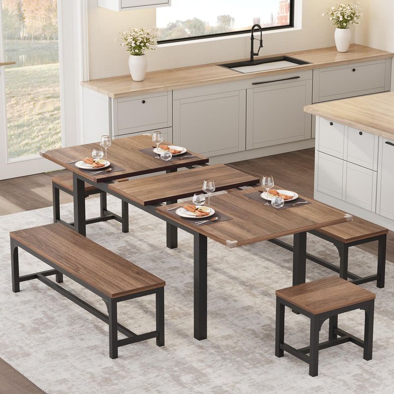 Ensemble de table de salle à manger extensible pour 6 à 8 personnes, table rectangulaire, 2 bancs longs et 2 bancs courts, plateau en bois de noyer