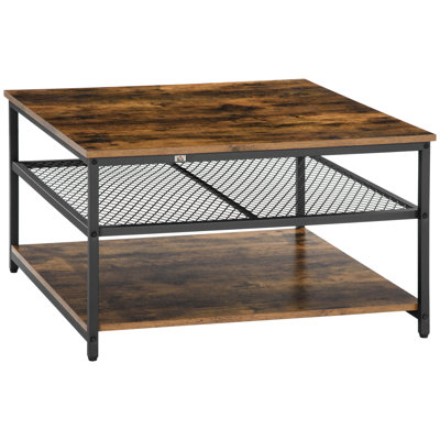 Sevon Coffee Table, 3-Tier Storage Shelves for Home Office, Rustic Brown