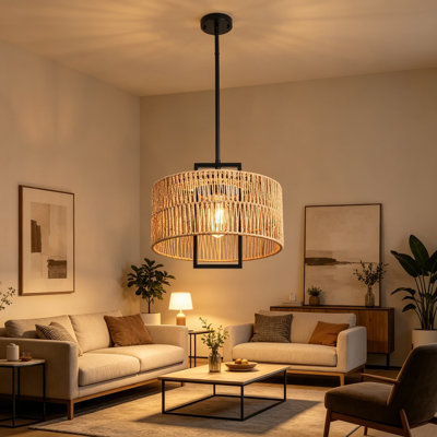 Luminaire suspendu en rotin naturel de 12,6 pouces, luminaire bohème tissé à la main avec cadre en métal noir, hauteur réglable pour îlot de cuisine, salle à manger, plafonnier rustique