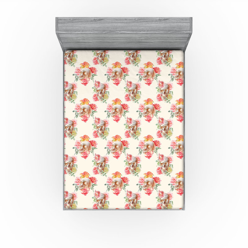 Drap-housse crâne Ambesonne Roses de mort romantique imprimé ivoire corail brun pâle, Drap-housse de taille double