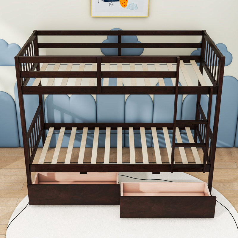 Two Drawers Rubber Wood Bunk Bed, Twin, Espresso