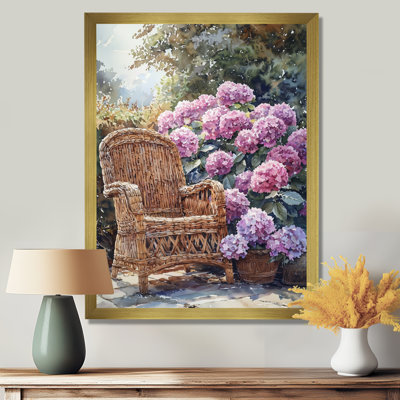 Hortensias avec meubles en rotin II - art mural floral salon