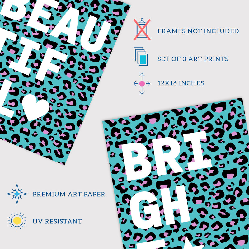 Leopard Pattern Beautiful Strong Bright Typography - 3 Piece No Frame Print Set, 40.5cm H x 30.5cm W x 0.3cm D