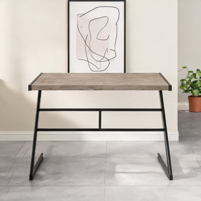 Bureau d'ordinateur avec base en métal en forme de Z, surface de travail compacte 48 en stratifié beige lin et acier noir, rectangle contemporain
