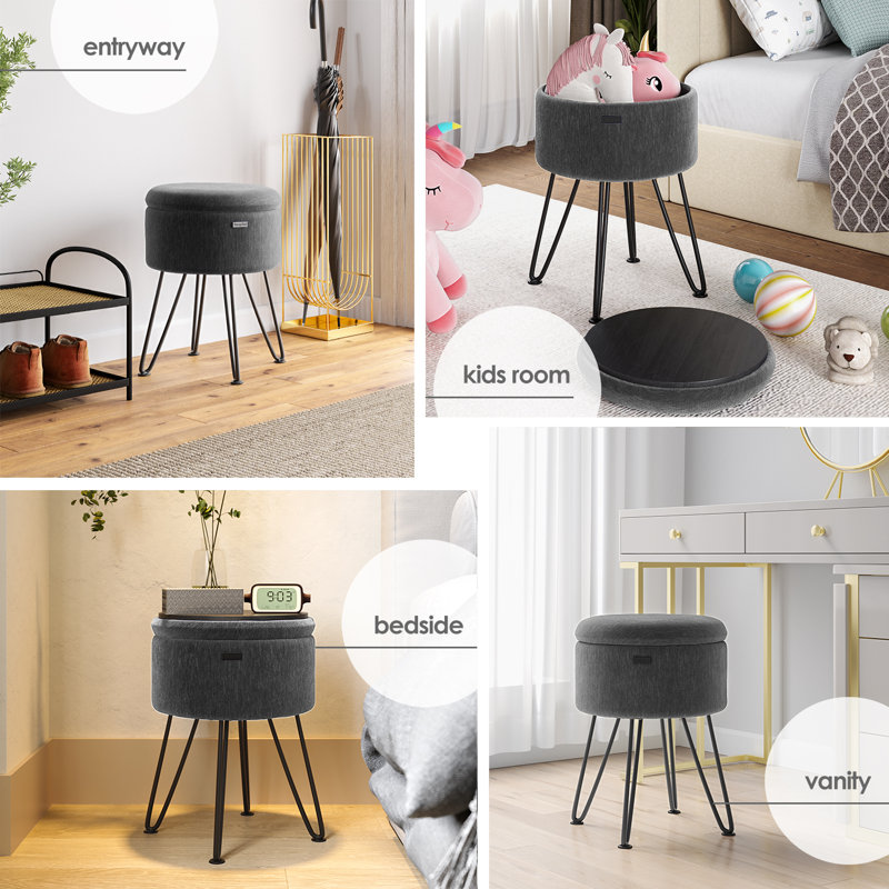 Modern Round Storage Ottoman Side Table, Gray Velvet, Black