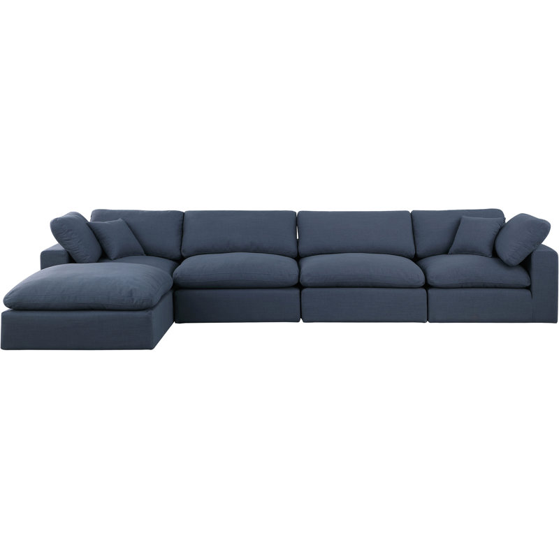 Canapé modulaire 5 pièces rembourré, Tissu texturé en lin bleu marine