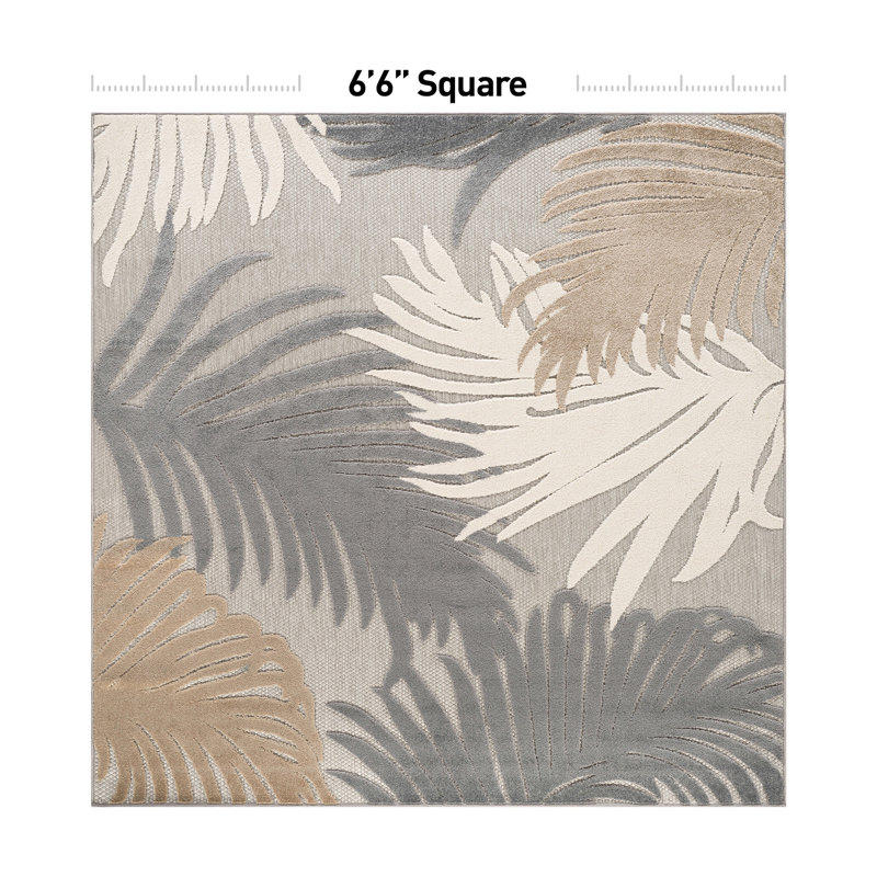 Hernandez Floral Indoor & Outdoor Area Rug, Square 6'7", Beige/White/Gray