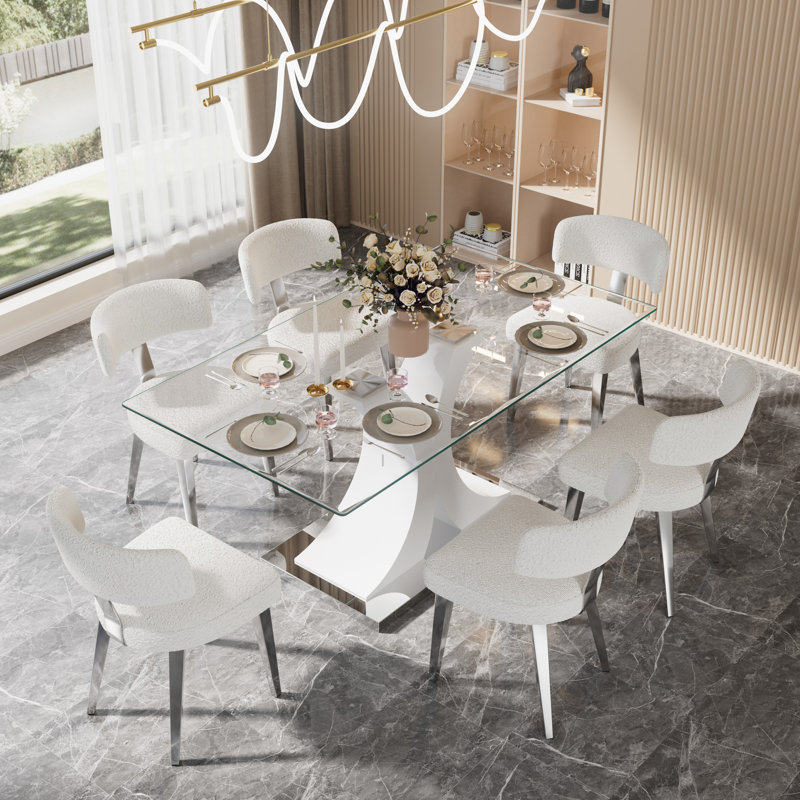 Ensemble de salle à manger en verre, 7, Blanc / argenté