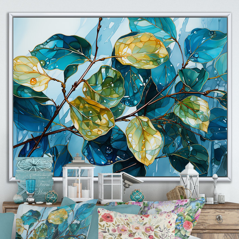 Feuilles charmantes, harmonie liquide sur toile, Cadre flottant blanc, H 34 po x l 44 po x P 1,5 po