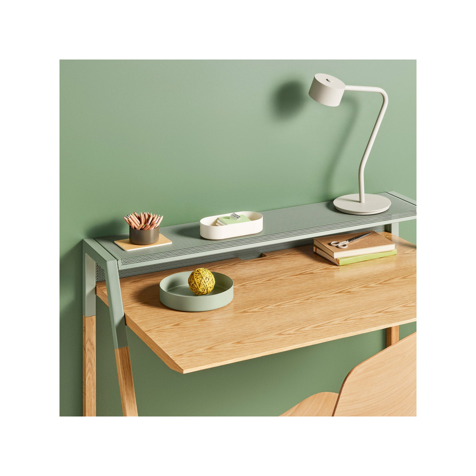 Cant Writing Desk, Gray Green/White Oak