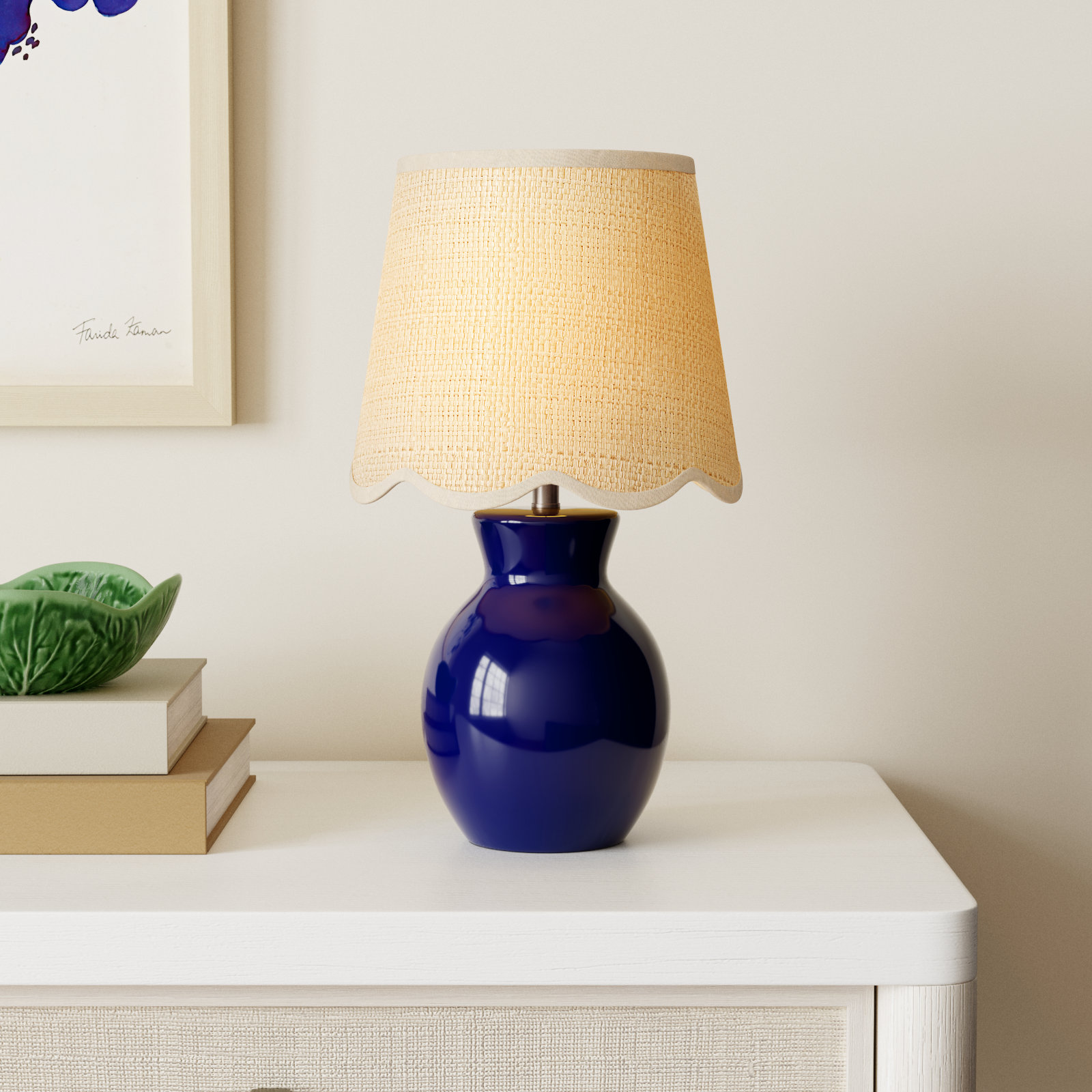 Momsen Scallop Shade Lamp, 15"" H x 8"" W x 8"" D, Natural, Navy