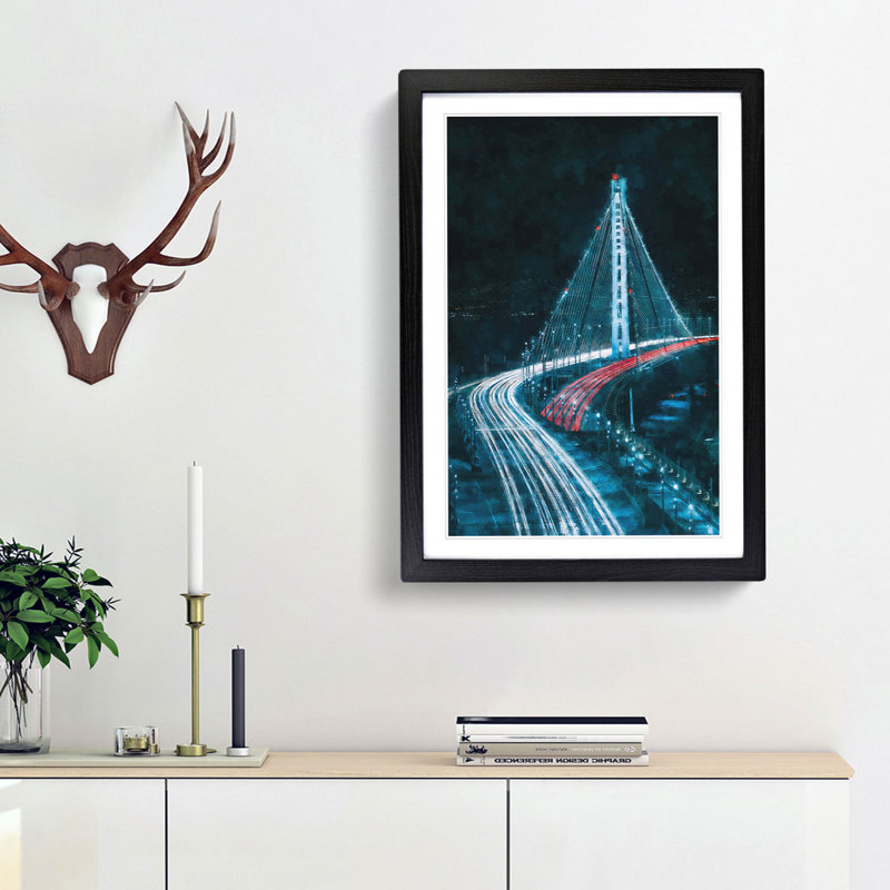 Oakland Bay Bridge In San Francisco - Single Picture Frame Print on MDF, 63cm H x 45cm W x 2cm D, Black Framed