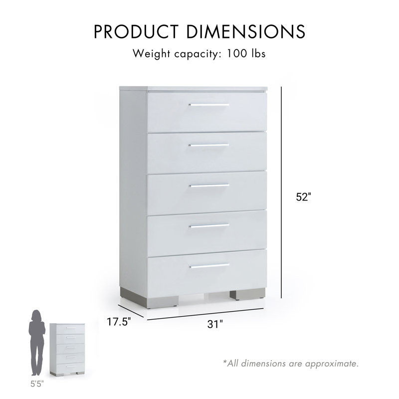 Alei 5-Drawer High-Gloss Chest with Chrome Accents, White