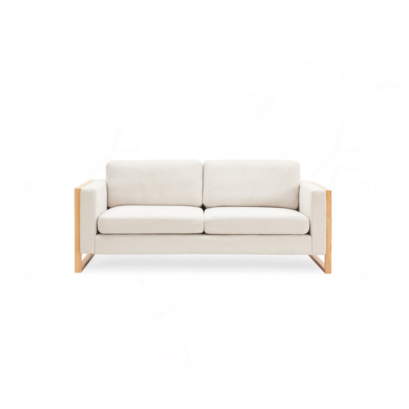Canapé moderne 3 places rembourré de 200 cm avec pieds en bois massif pour salon et chambre, Tissu blanc, Blanc