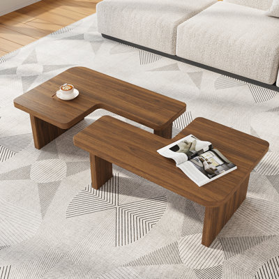 Mid Century Modern Wood Coffee table for livingroom, free adjustable Side Table, 2 Pieces