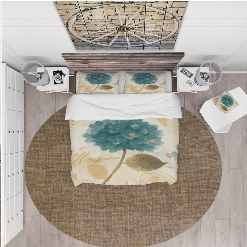 Ensemble de housse de couette hortensia fleur i abondante, Housse de couette double / grand et 2 taies, Beige / vert