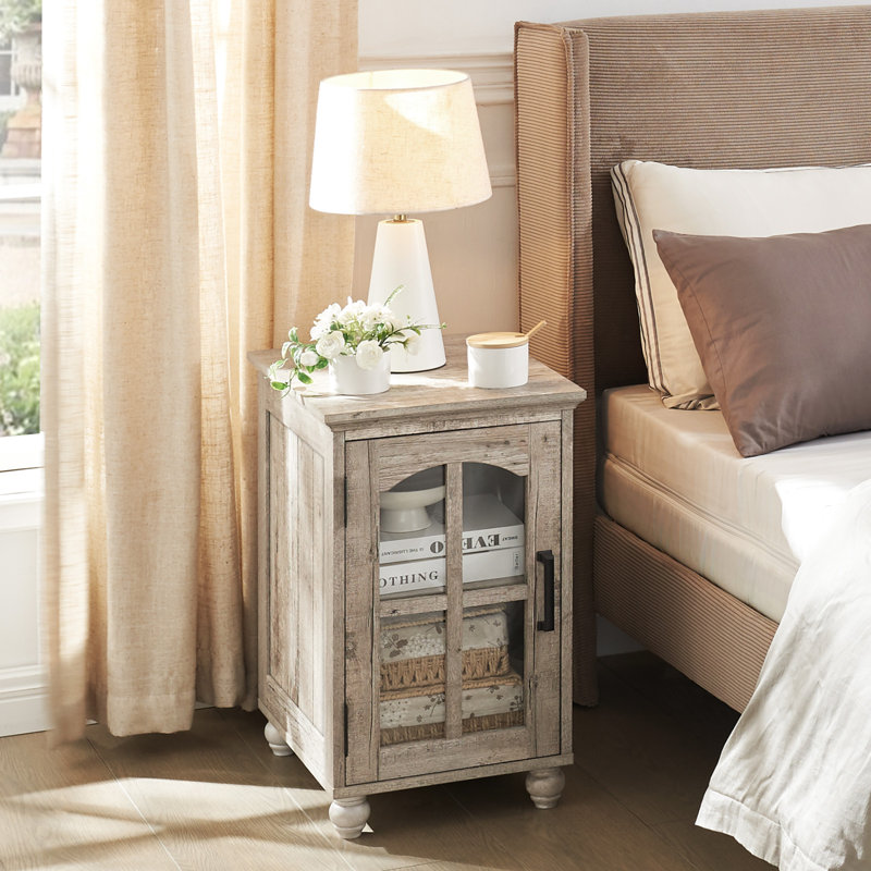 Narrow Side Table,Farmhouse Nightstand with Charging Station,Wood End Table with Glass Barn Door Storage, Cabinet Organizer with Adjustable Shelf, Night Stand for Small Spaces for Living Room Bedroom