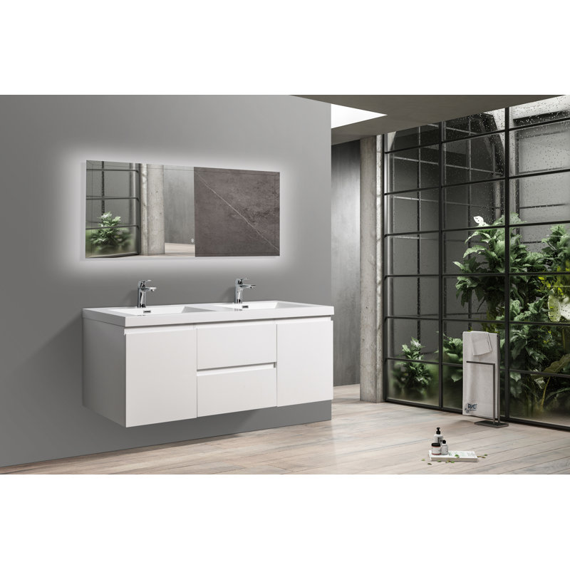 Meuble-lavabo mural double l 59 po x P 20 po x H 22 po, Blanc brillant