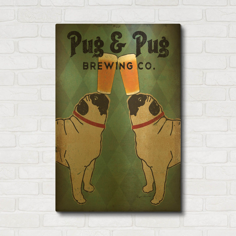 «Pug and Pug Brewing» par Ryan Fowler, art mural en métal doré, 24 po x 36 po, 24 po x 36 po
