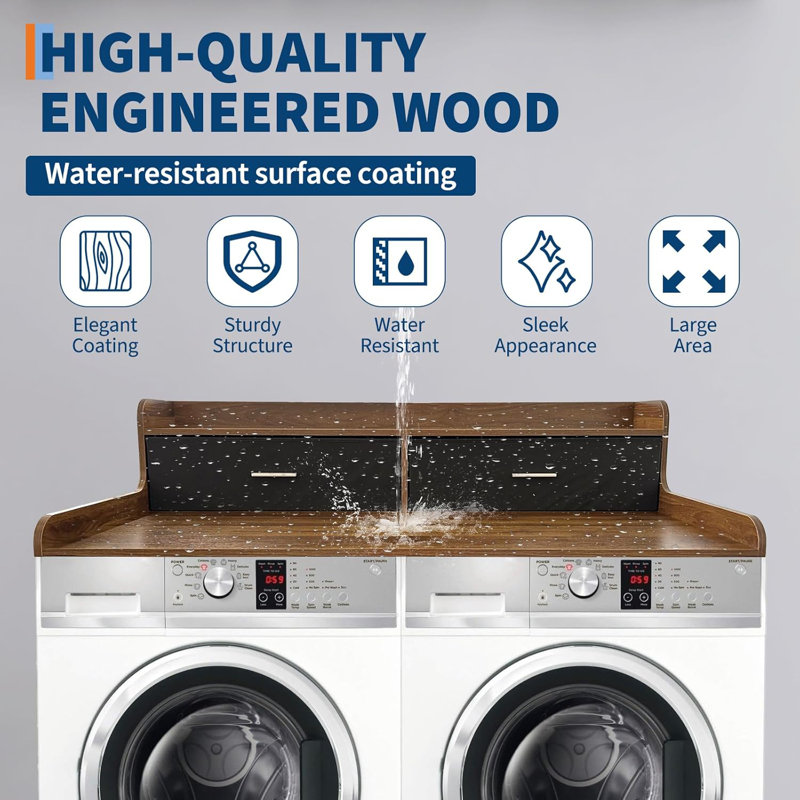 2-Tier Washer Dryer Countertop With 2 Drawers, Wood Laundry Countertop With 2.75" H Edge Rails, Waterproof Washer Dryer Cover With Anti-Slip Pads For Laundry Room Organization And Storage