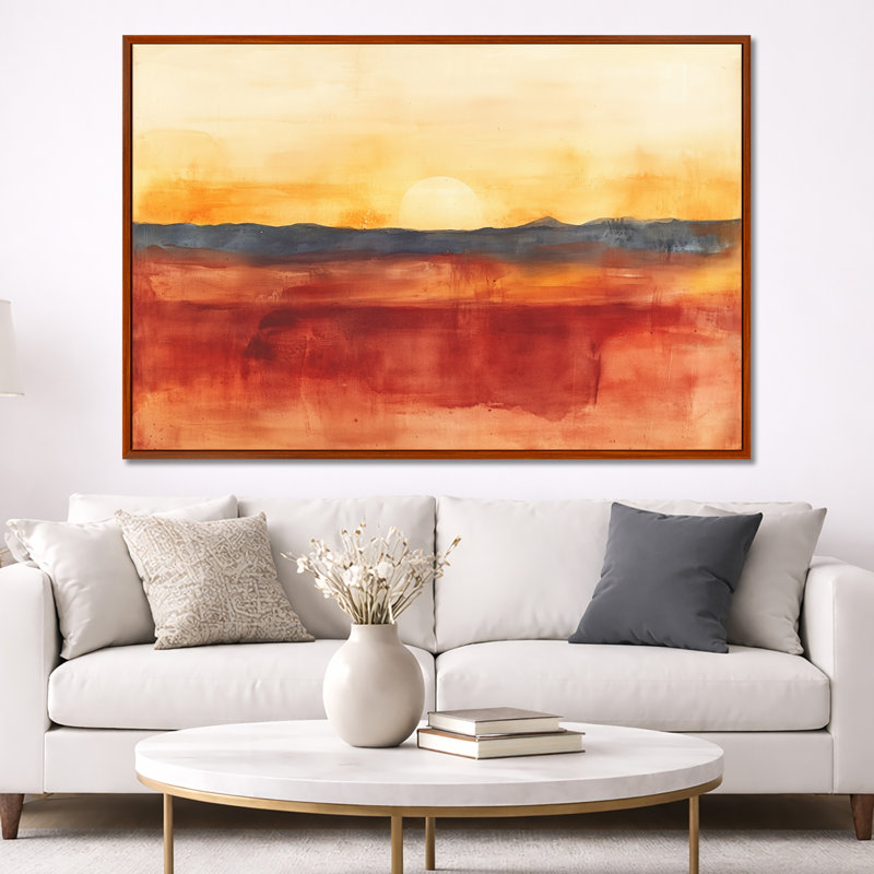 «Terracotta Horizon», art mural abstrait rouille, Carlton, 40" H x 60" W, Brown Floater Framed