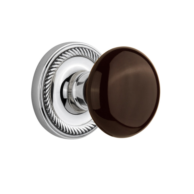 Rope Rosette with Brown Porcelain Door Knob, Bright Chrome