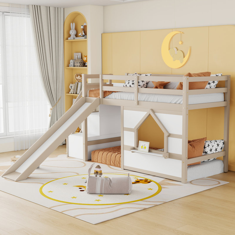 Lit mezzanine en bois double avec étagères, escalier de rangement, glissade, fenêtre et éclairage DEL, Blanc beige