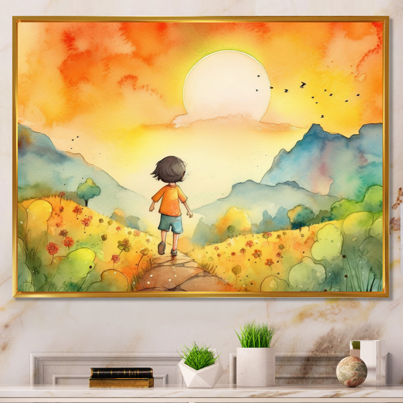 Enfants, art mural sur toile, Impression encadrée, H 24 po x l 32 po, Doré