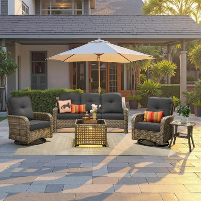 5-Person Outdoor Seating Group With Cushions,Swivel Rockers,Led Coffee Table,All-Weather Wicker Patio Set by Lark Manor