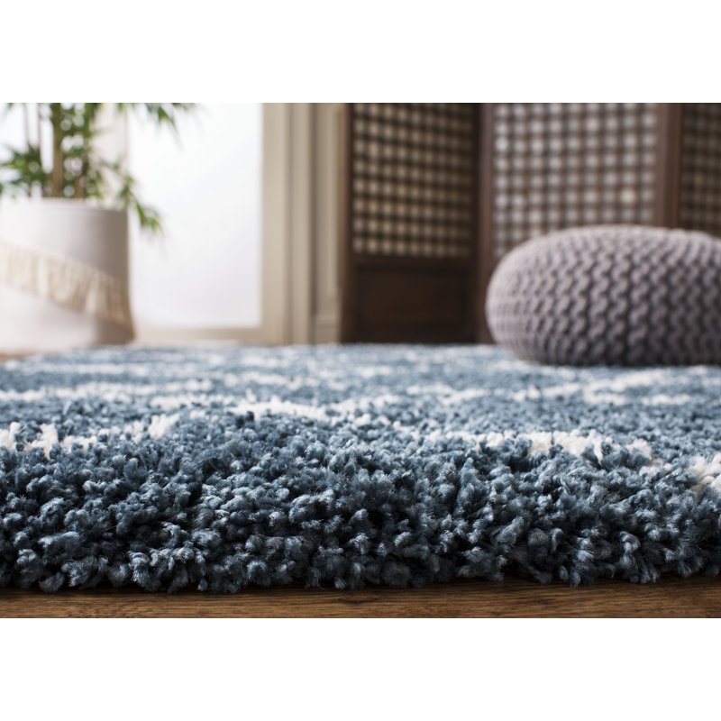 Darrold Shag Performance Geometric Rug, Round 3', Slate Blue/Ivory