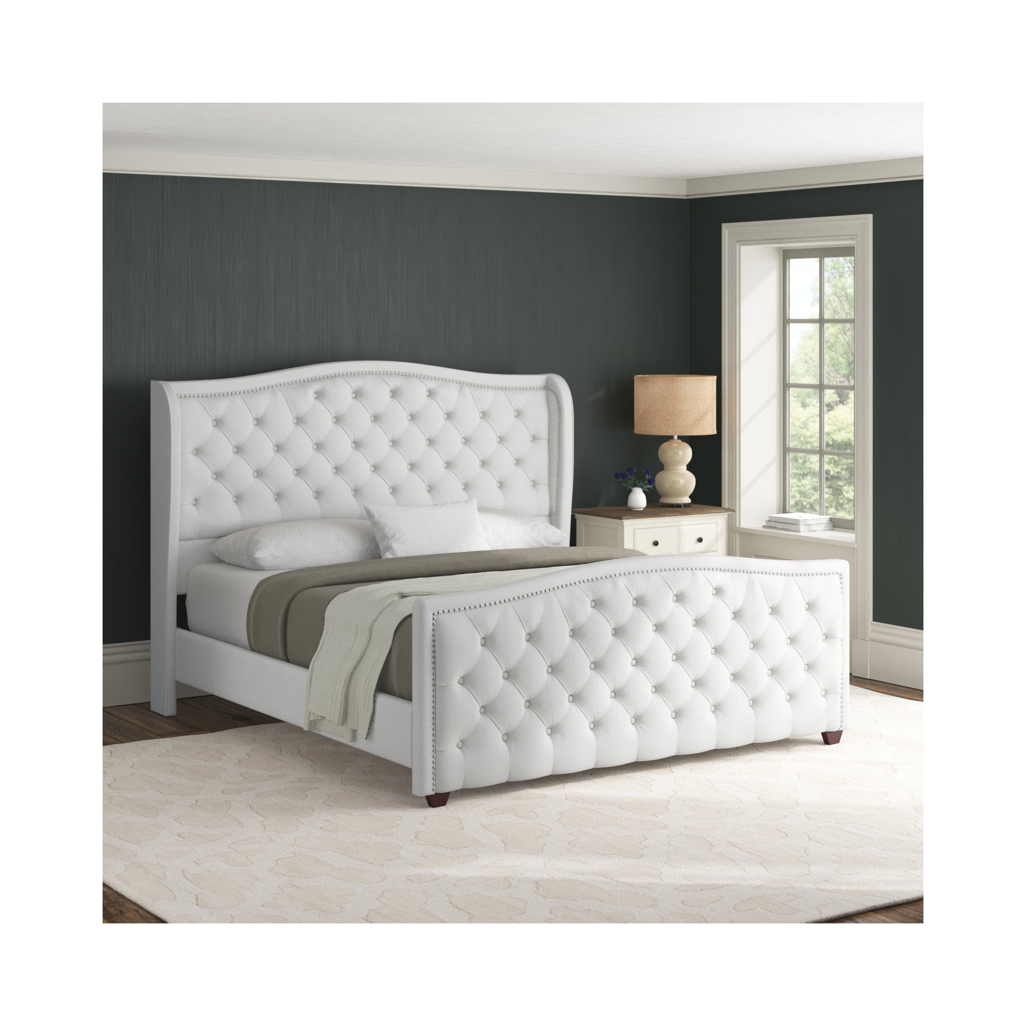 Coleman Upholstered Wingback Bed, King, Bright White Velvet