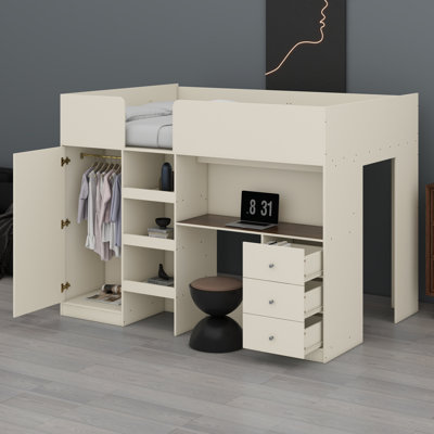 Lit mezzanine en bois avec garde-robe intégré, bureau, tablettes de rangement et tiroirs