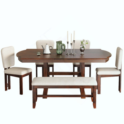 Ensemble de table de salle à manger extensible en bois 6 pièces avec banc, ensemble de table de cuisine traditionnelle avec rallonge amovible de 18 pouces et 4 chaises de salle à manger rembourrées