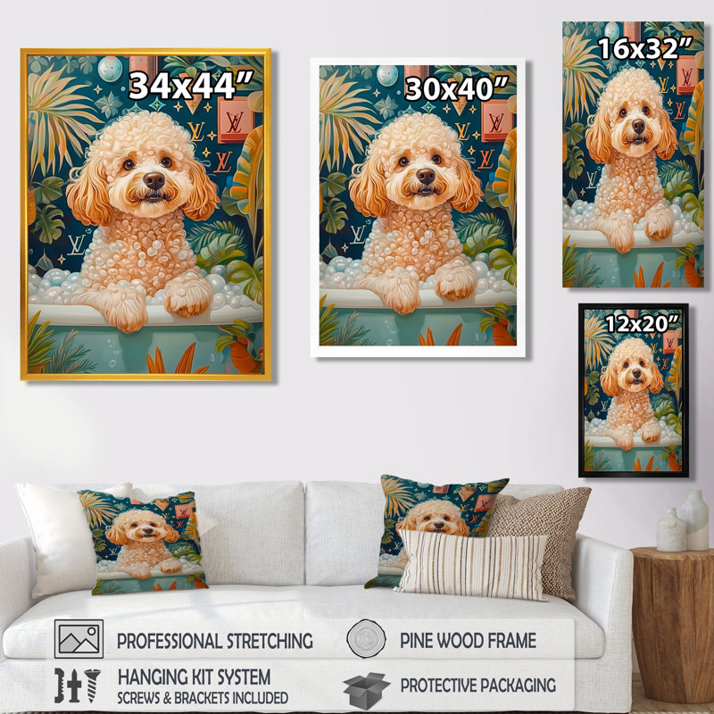 Caniche chien bain temps bulles II - chien Wall Art salon, Cadre flottant noir, H 20 po x l 12 po