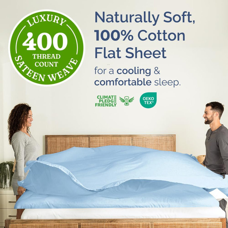 400 Thread Count Cotton Flat Sheet – Cooling, Breathable & Soft Top Sheet, Queen, Light Blue