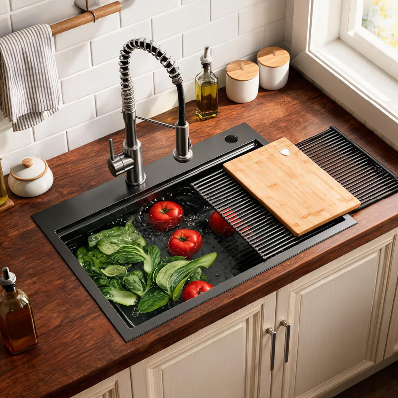 Évier de cuisine à encastrer à une cuve en acier inoxydable noir de 76 cm x 56 cm avec planche à découper et passoire.